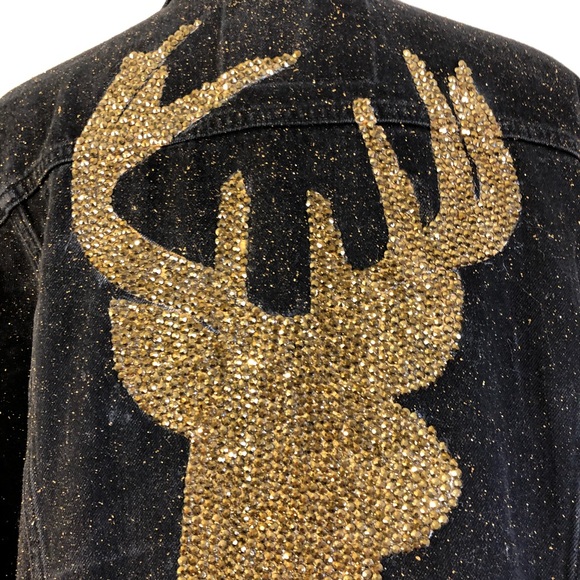 Gold Rhinestone Stag Deer Throne of Glass Hand Painted Black Jean Jacket - Picture 10 of 17
